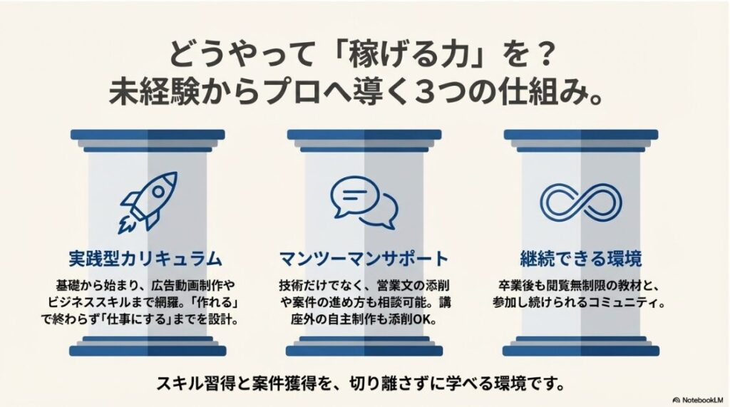 デジハクはやばい？口コミの真相｜デジハクの未経験からプロへ導く3つの仕組み（カリキュラム・サポート・環境）