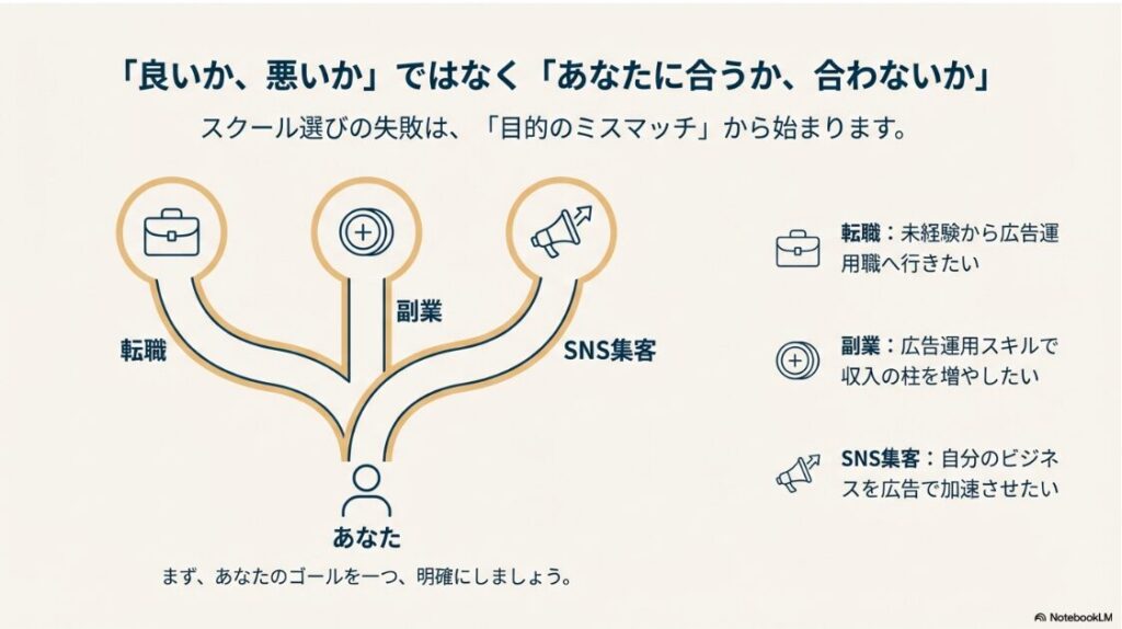 デジプロの評判や口コミは？デメリットは本当？SEO、広告運用、SNS（オーガニック）の3つの円が描かれた図。デジプロは広告運用に特化し、管理画面の操作や配信設計を深く学ぶスクールであることを示している。