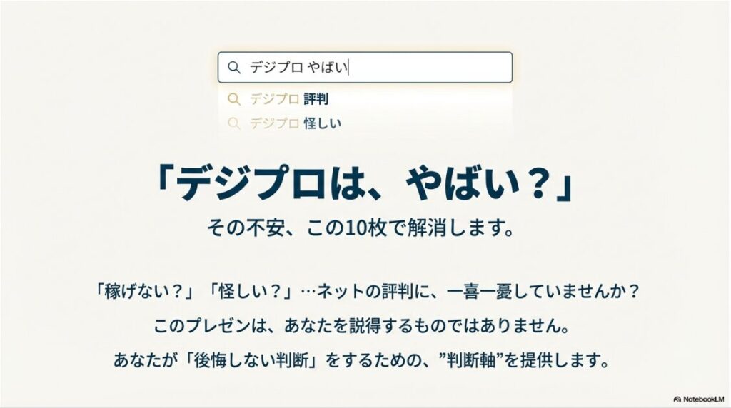 デジプロの評判や口コミは？デメリットは本当？「デジプロは、やばい？」という疑問に対し、ネットの評判に一喜一憂せず後悔しない判断をするための判断軸を提供するプレゼン資料の表紙。