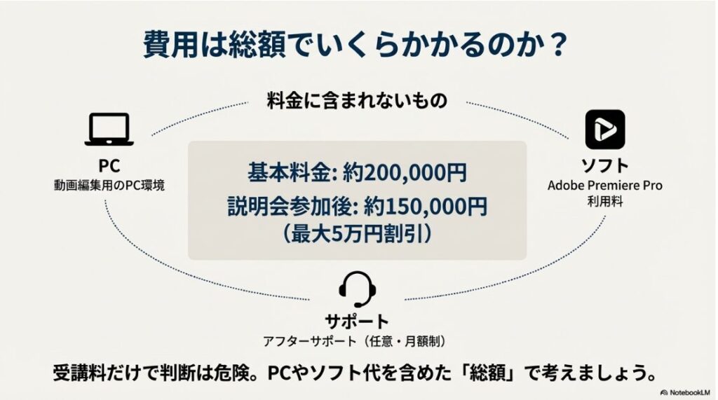 動画編集CAMPはやばい？詐欺や稼げない評判を徹底検証する結論：動画編集CAMPの受講料総額とPC・ソフトなど別途必要な費用内訳