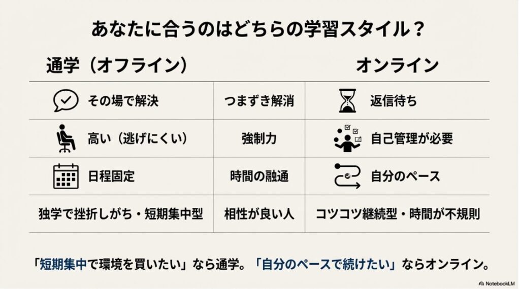 動画編集CAMPはやばい？詐欺や稼げない評判を徹底検証する結論：動画編集CAMPの通学スタイルとオンラインスクールの学習環境比較チャート