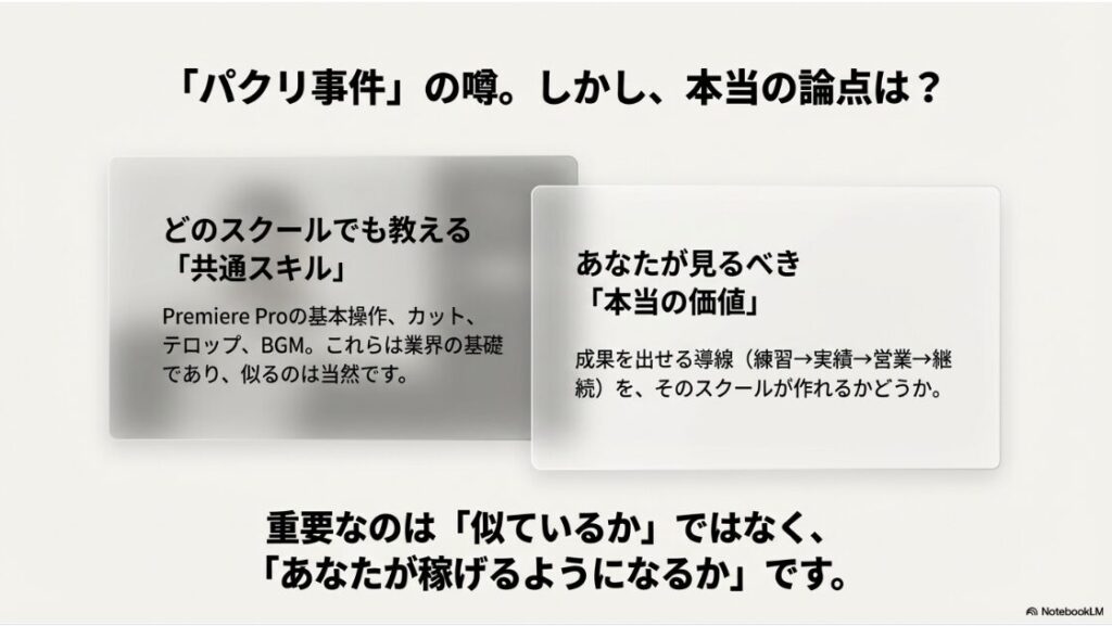 動画編集CAMPはやばい？詐欺や稼げない評判を徹底検証する結論：動画編集スクールのカリキュラムが似ている理由と見るべき価値