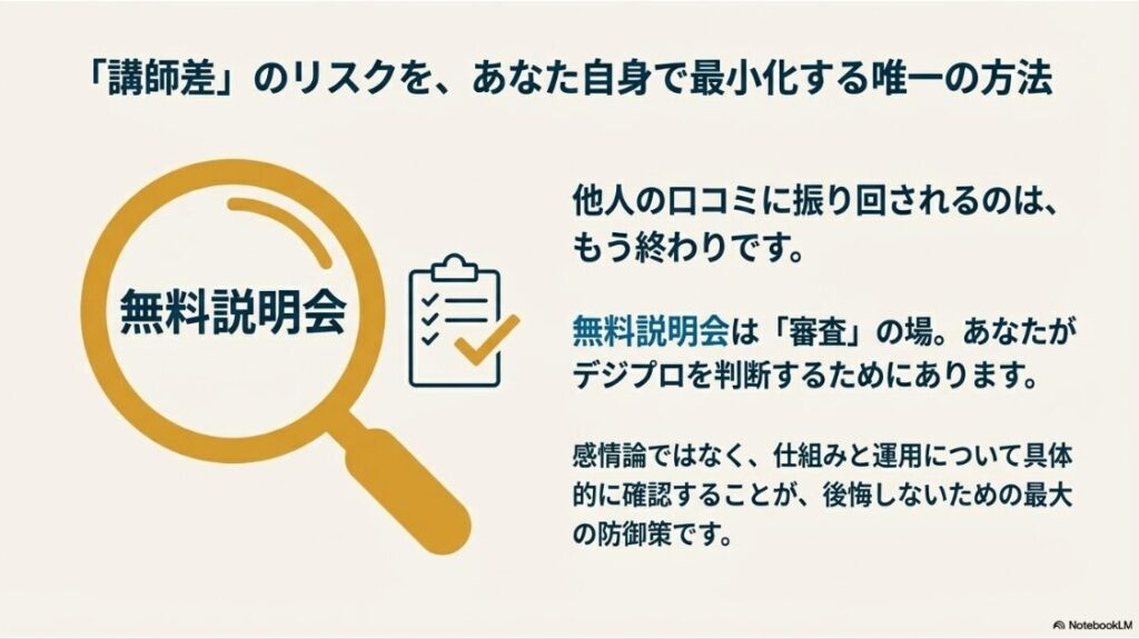 デジプロの評判や口コミは？デメリットは本当？チェックリストのイラスト。無料説明会は審査の場であり、感情論ではなく仕組みと運用を確認してリスクを回避すべきだと提案している。