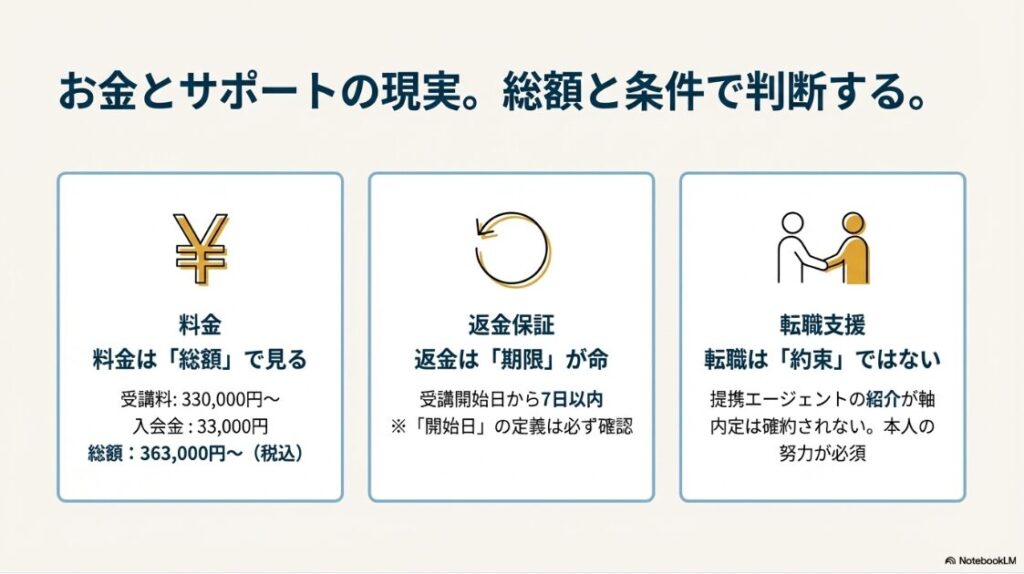 デジプロの評判や口コミは？デメリットは本当？講師の質、フィードバックの具体性、質問対応の体制について確認するための具体的な質問文を掲載したスライド。