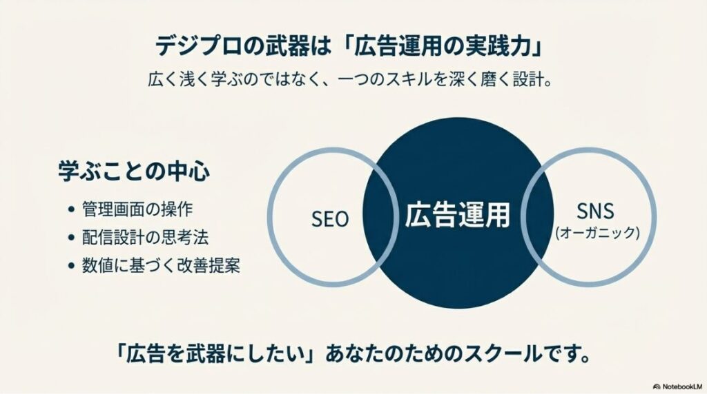 デジプロの評判や口コミは？デメリットは本当？転職、副業、SNS集客の3つの分岐路を描いたイラスト。「良いか悪いか」ではなく「目的に合うか合わないか」でスクールを選ぶ重要性を説いている。