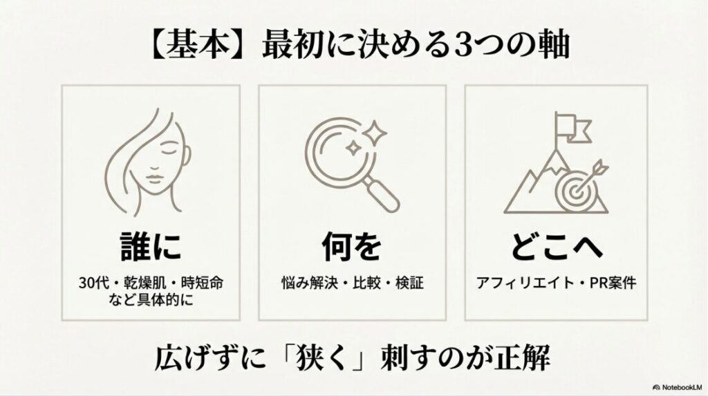 インスタの美容垢で月100万達成!稼ぐ戦略:最初に決める3つの軸を解説した画像 。「誰に」は30代・乾燥肌・時短命など具体的にし 、「何を」は悩み解決・比較・検証とします 。「どこへ」はアフィリエイト・PR案件に設定し 、広げずに「狭く」刺すのが正解です 。