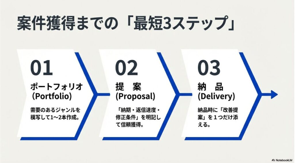 動画編集の副業で初心者：動画編集の案件を獲得するための最短3ステップ（ポートフォリオ・提案・納品）