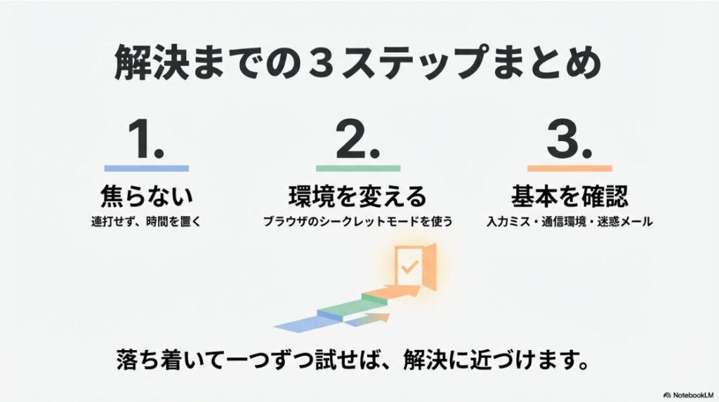 インスタのパスワードを変更時にエラー：焦らない、環境を変える、基本を確認する、というエラー解決までの3ステップを示すイラスト