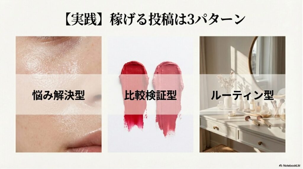 インスタの美容垢で月100万達成!稼ぐ戦略:稼げる投稿の3パターンを示した図解 。悩み解決型 、比較検証型 、ルーティン型があります 。