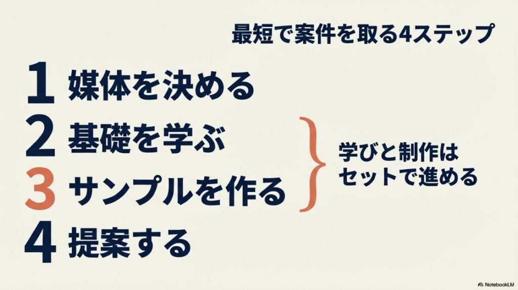 SNS運用代行の副業を未経験から:最短でSNS運用代行の案件を獲得するための4ステップ。1.媒体決定、2.基礎学習、3.サンプル作成、4.提案。学びと制作をセットで進めるのがコツ