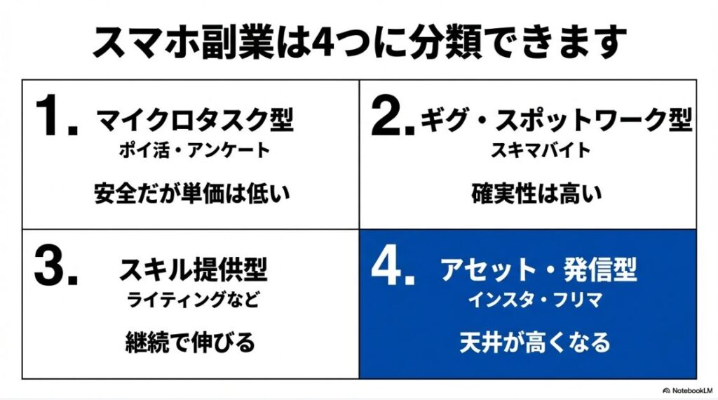 スマホ副業の口コミ：マイクロタスク型、ギグワーク型、スキル提供型、アセット・発信型の4つに分類したスマホ副業の比較表
