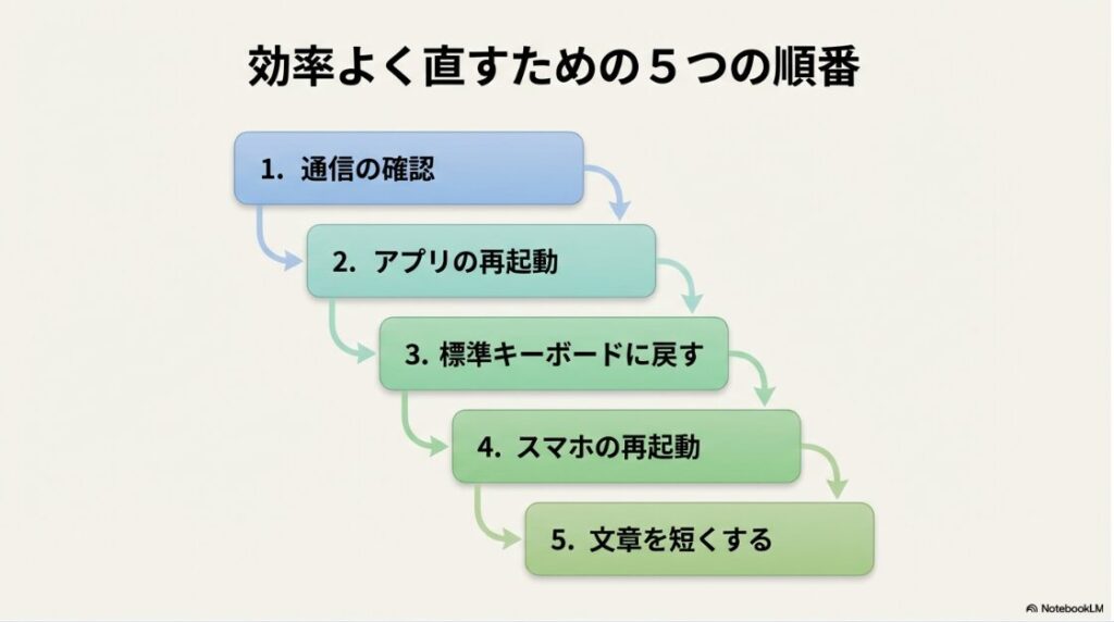 インスタのストーリーでテキストの入力ができない：通信の確認、アプリの再起動、標準キーボードに戻す、スマホの再起動、文章を短くするという、効率よく直すための5つの順番 。