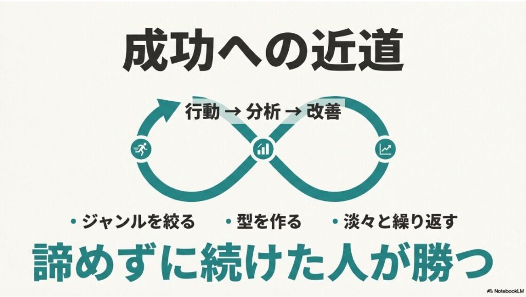 インスタで旅行を発信して稼ぐ！ジャンルを絞り、型を作り、行動から分析と改善を淡々と繰り返すことで成功へ近づくサイクルの図解。