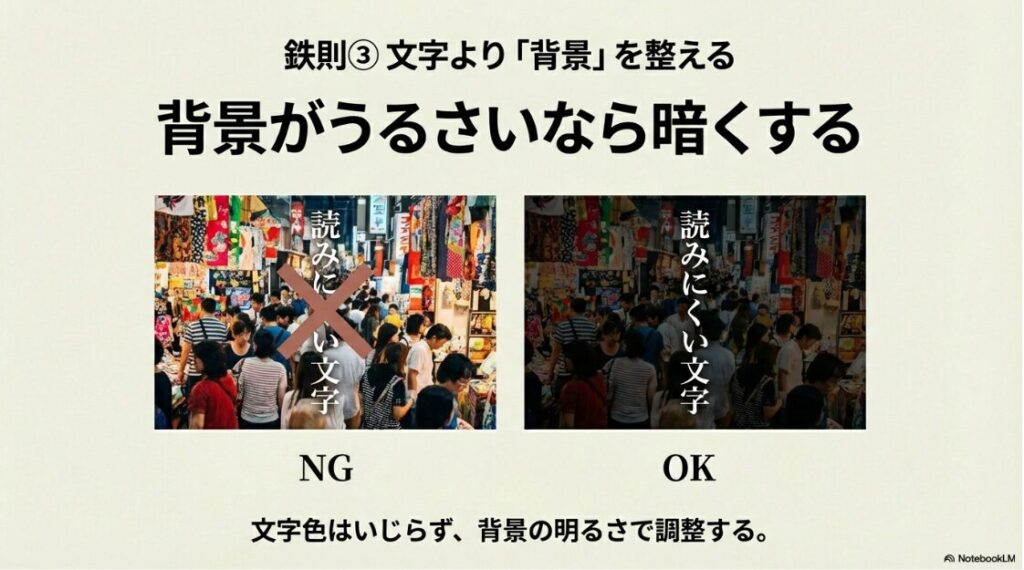 インスタの文字を縦書きにする方法｜読みにくい文字を改善するために、文字色ではなく背景の明るさを調整して視認性を高める方法