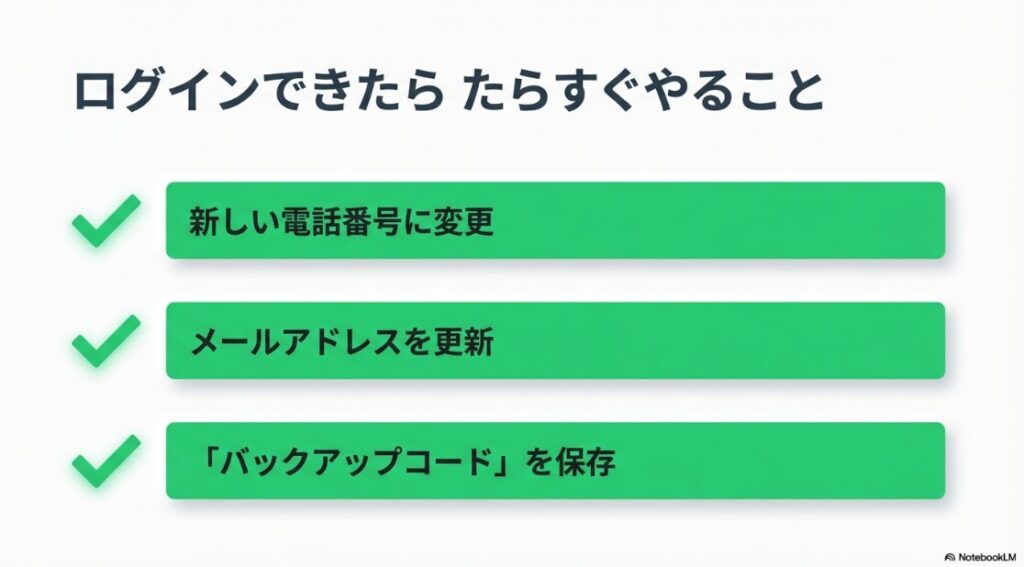 インスタで電話番号を変更後にログインできない：ログイン成功後すぐにやるべきこととして、新しい電話番号への変更、メールアドレスの更新、バックアップコードの保存を促すスライド