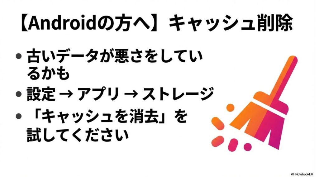 インスタのノートを見れない人:Androidスマホで設定からインスタグラムのキャッシュを消去する手順
