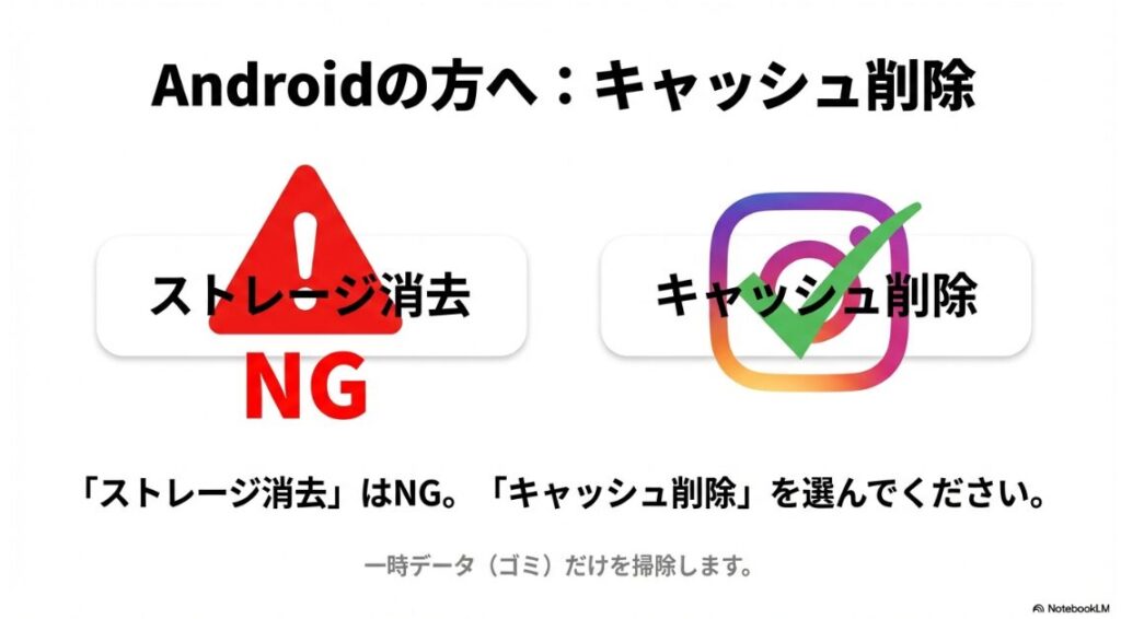 インスタでピン留めができない：Android版インスタグラムでストレージ消去ではなくキャッシュ削除を選択する注意書き