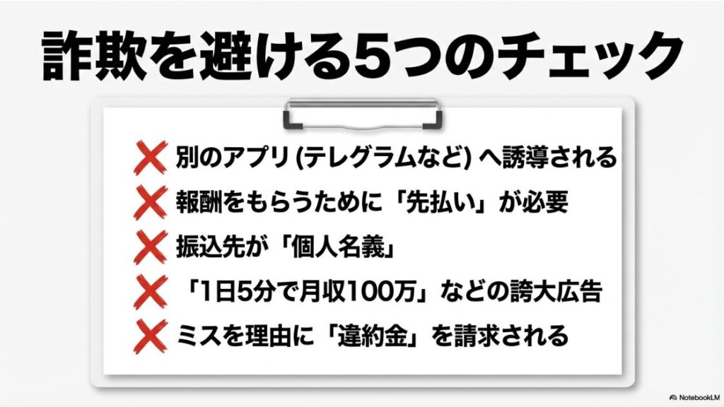 スマホ副業詐欺を避けるための5つのチェックリスト（別アプリ誘導、先払い、個人口座など）