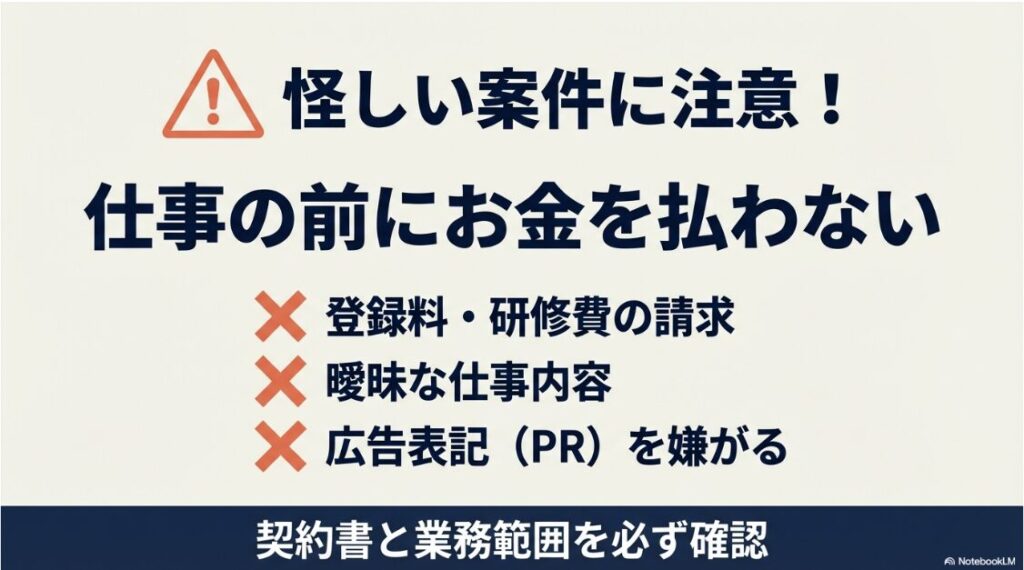 SNS運用代行の副業を未経験から:SNS運用代行の怪しい案件の特徴。仕事の前にお金を払わせる、登録料や研修費の請求、仕事内容が曖昧、広告表記(PR)を嫌がる案件には注意が必要