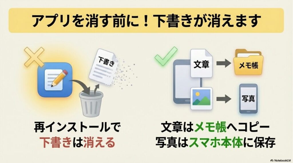 インスタのストーリーでテキストの入力ができない：メモ帳と写真保存のアイコン。再インストールで下書きは消えるため、文章はメモ帳へコピー、写真はスマホ本体に保存する