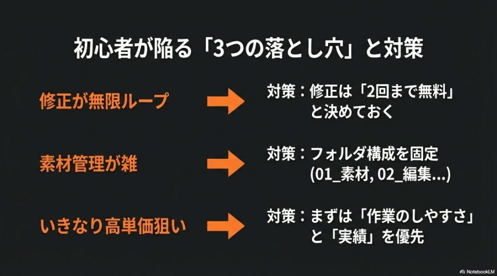 動画編集の副業で初心者：動画編集初心者が陥る3つの落とし穴（修正ループ・素材管理・高単価狙い）と対策