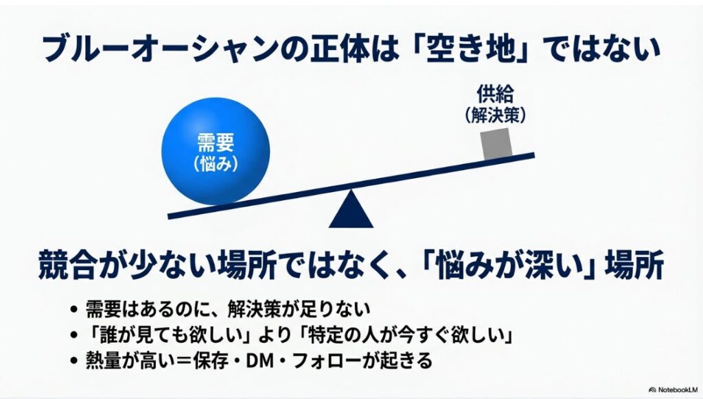 インスタでジャンルの狙い目とブルーオーシャンは?【2026最新】ブルーオーシャンの正体は競合不在の空き地ではなく、需要(悩み)に対して供給(解決策)が足りていない場所であることを示す図