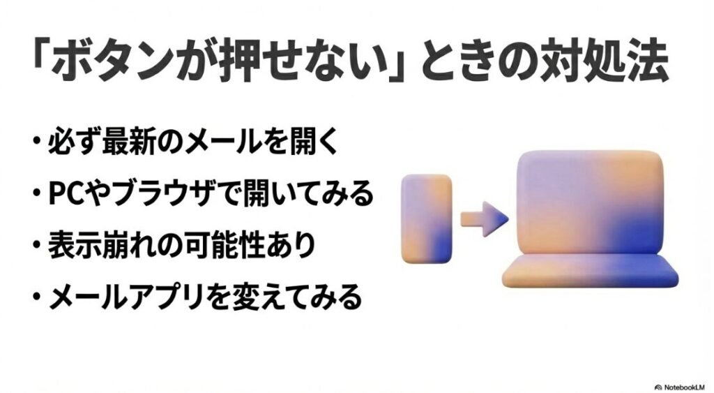 ボタンが押せない時は最新のメールを開き、PCやブラウザ、別のメールアプリで開いてみる対処法