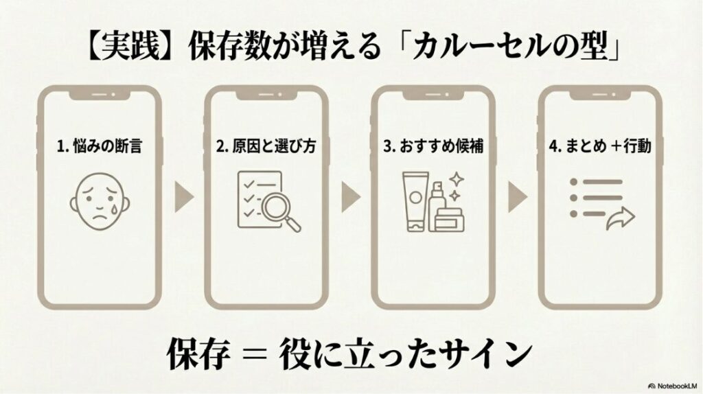 保存数が増える「カルーセルの型」 。1. 悩みの断言 、2. 原因と選び方 、3. おすすめ候補 、4. まとめ+行動の順番で構成します 。保存は役に立ったサインです 。