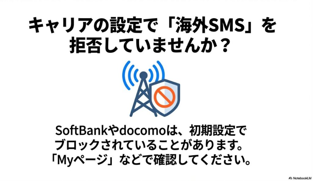 インスタの認証コードが届かない？メールの端末別対策ガイド：キャリア設定で海外SMS拒否になっていないか確認するイラスト