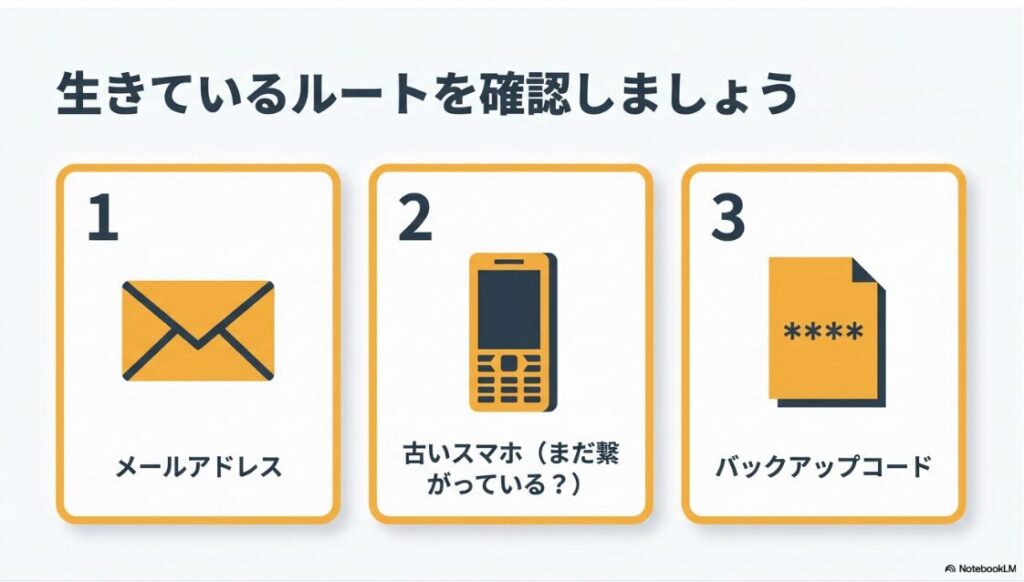 インスタで電話番号を変更後にログインできない：インスタグラム復旧のために確認すべきルートとして、メールアドレス、まだ繋がっている古いスマホ、バックアップコードを示すスライド
