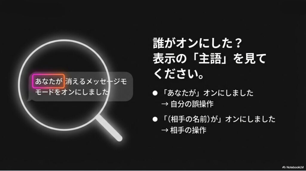 インスタでチャット内の誰かが消えるメッセージをオンにしましたとは:消えるメッセージモードのシステム表示を確認し、「あなたが」なら自分の誤操作、「相手の名前」なら相手の操作であることを見分ける方法