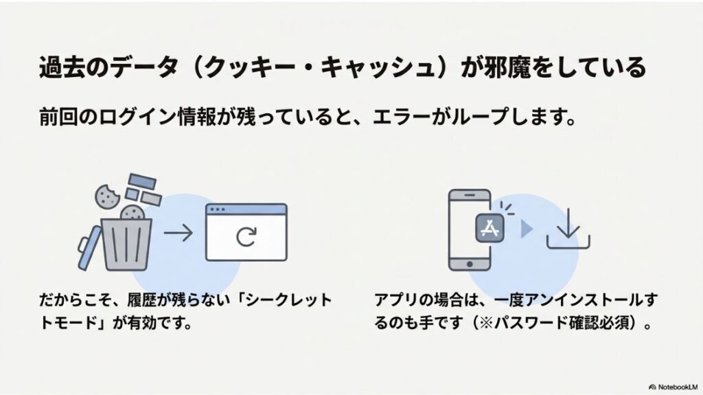 前回のログイン情報によるエラーループを防ぐため、クッキーやキャッシュを削除してリロードするイメージイラスト