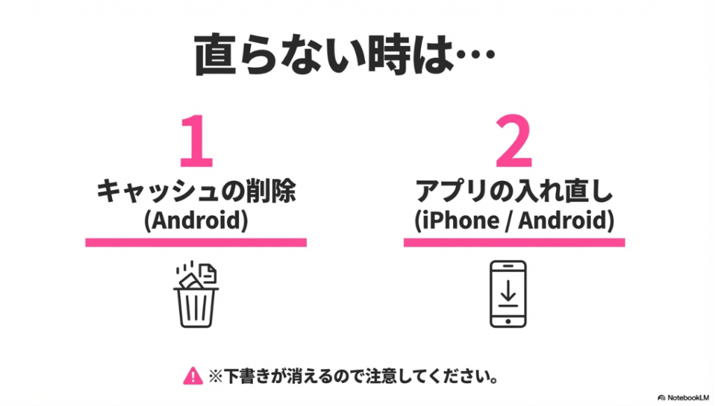インスタのハッシュタグ検索ができない？インスタの不具合が直らない時のキャッシュ削除とアプリアンインストールの手順解説図