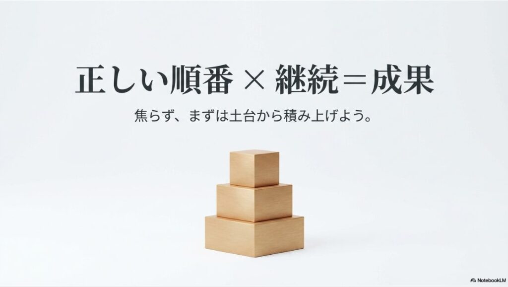 インスタの美容垢で月100万達成!稼ぐ戦略:正しい順番と継続が成果につながる図解 。焦らず、まずは土台から積み上げようというメッセージです 。