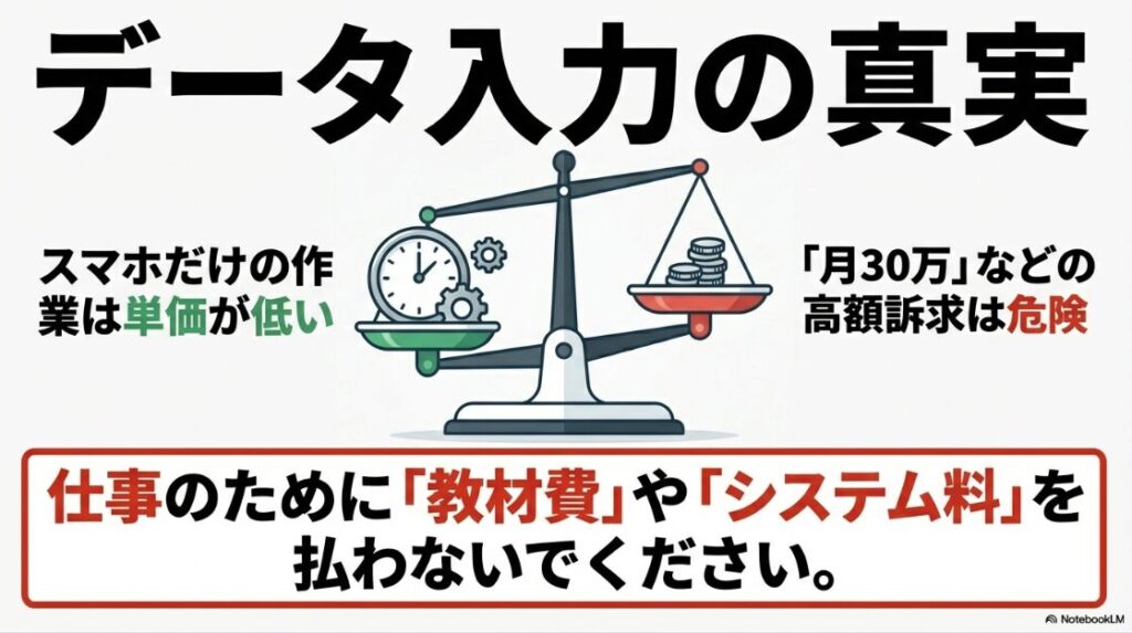 スマホ副業をやってみた結論｜データ入力副業の真実。スマホ単体作業は単価が低く、月30万などの高額訴求や教材費の請求は危険である理由