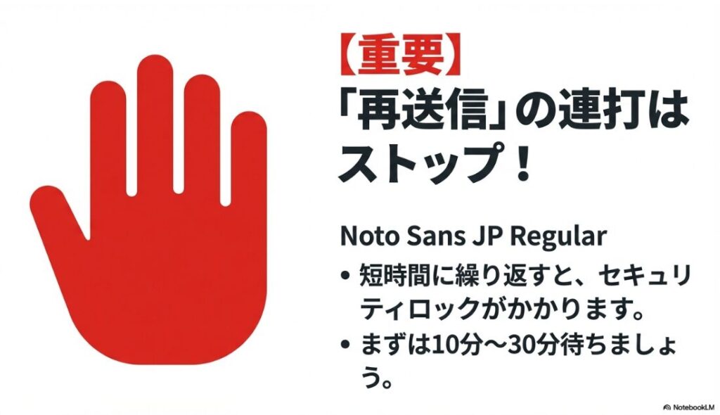 インスタの認証コードを6桁入れたのに進まない？赤い手のひらのストップマーク。再送信を連打するとセキュリティロックがかかるため10分から30分待つように促す警告