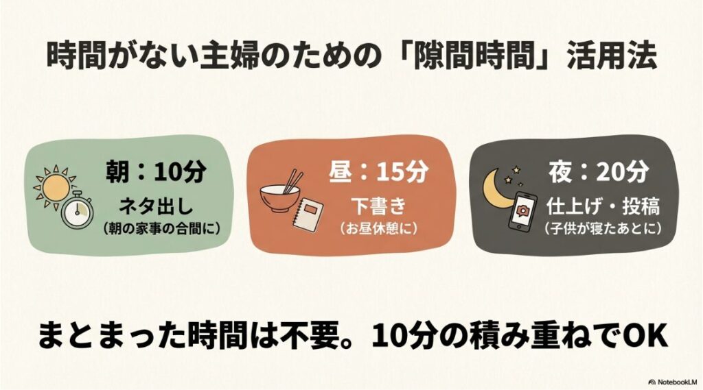 副業を主婦が在宅で始める：朝10分でネタ出し、昼15分で下書き、夜20分で仕上げる主婦の隙間時間活用法の図解
