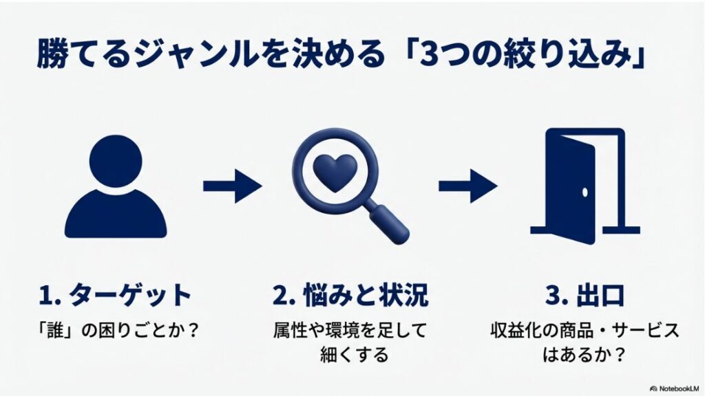 インスタでジャンルの狙い目とブルーオーシャンは?【2026最新】勝てるジャンルを決めるために、ターゲット、悩みと状況、収益化の出口という3つの要素で絞り込む手順