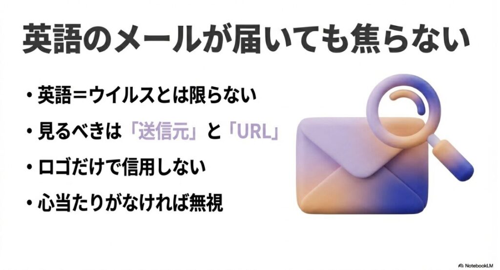 インスタのパスワードをリセットできない？英語のメールが届いても焦らず、送信元とURLを確認し、心当たりがなければ無視することを推奨するスライド