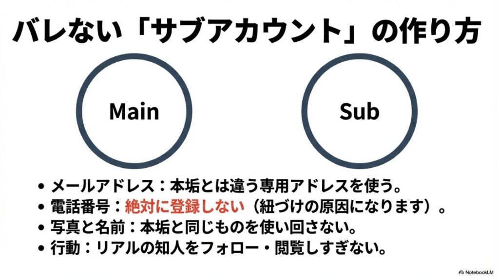 インスタで検索しても出てこないようにする設定：バレないサブアカウントを作るために、メールアドレスや電話番号を本垢と分ける方法を解説したスライド