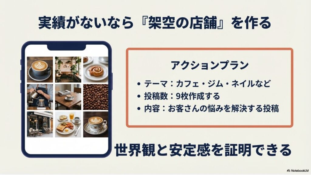 SNS運用代行の副業を未経験から:実績がない場合はカフェやジムなどの架空店舗を設定し、お客さんの悩みを解決する投稿を9枚作成して世界観と安定感を証明する