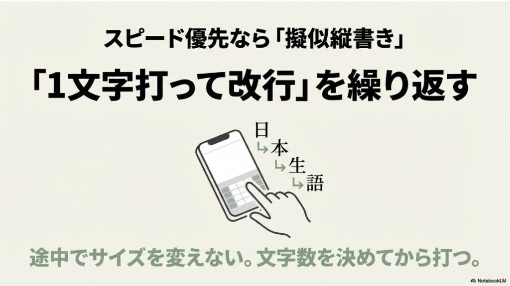 インスタの文字を縦書きにする方法｜スマホアプリで1文字打って改行を繰り返し、擬似的に縦書き入力する手順のイラスト