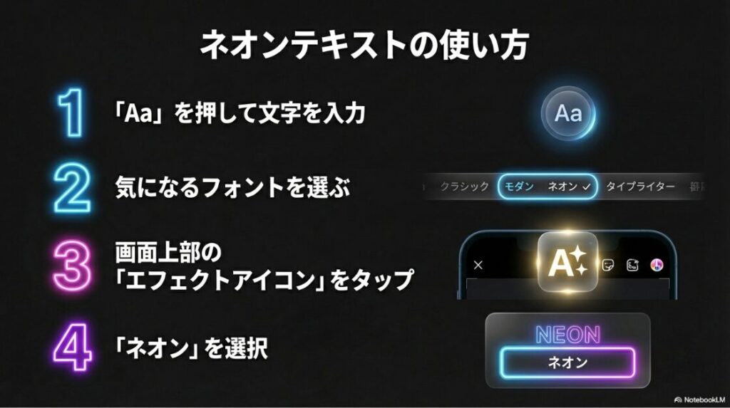 インスタでネオン文字ができない原因：1.文字入力、2.フォント選択、3.上部のエフェクトアイコンをタップ、4.ネオンを選択という4ステップの操作手順。