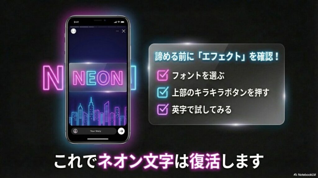 インスタでネオン文字ができない原因：諦める前にエフェクトを確認、上部のキラキラボタンを押す、英字で試してみるといった、ネオン文字を復活させるための最終確認ポイント。