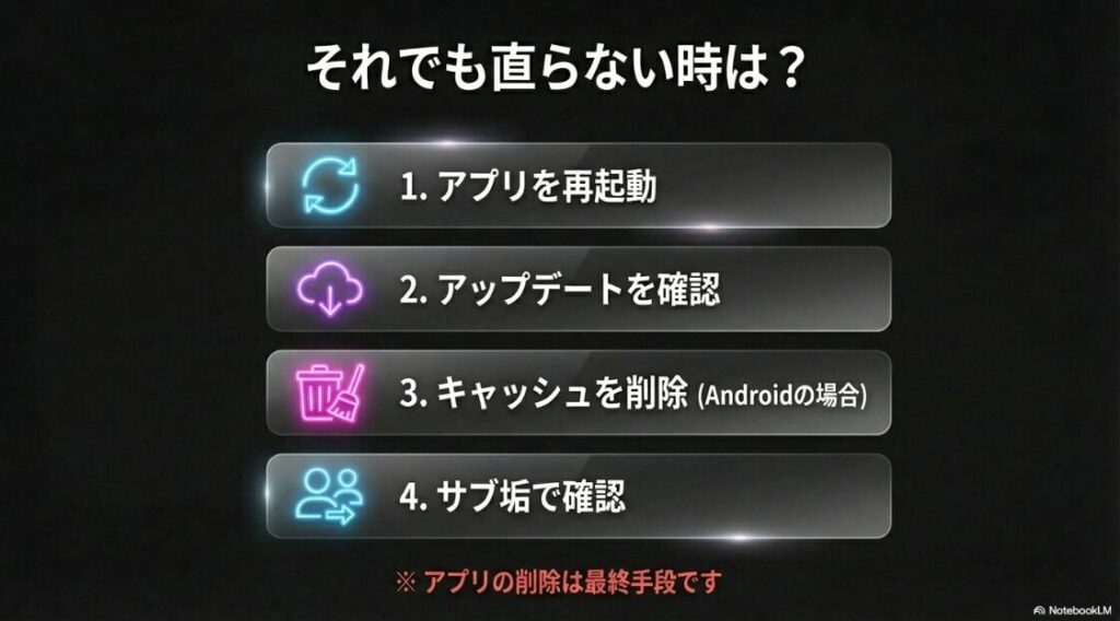 インスタでネオン文字ができない原因：インスタのネオン文字が直らない時のチェックリスト。1.アプリ再起動、2.アップデート確認、3.キャッシュ削除、4.サブ垢で確認といった手順の紹介