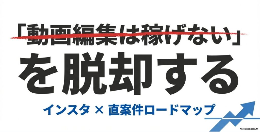 「動画編集の副業は稼げない」を脱却する、インスタ×直案件ロードマップのタイトルスライド。