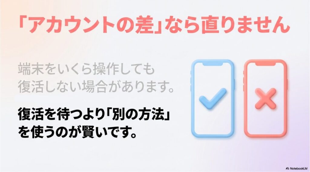 プロフィールのみでシェアが出てこない時の解決策：アカウントの差が原因の場合は端末操作で復活しないため、別の方法を使うのが賢いと解説したスライド