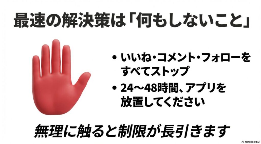 インスタにコメントできない？特定のアクティビティが出る原因：インスタグラムの制限を解除するために、いいね・コメント・フォローをすべてストップして待つことの重要性