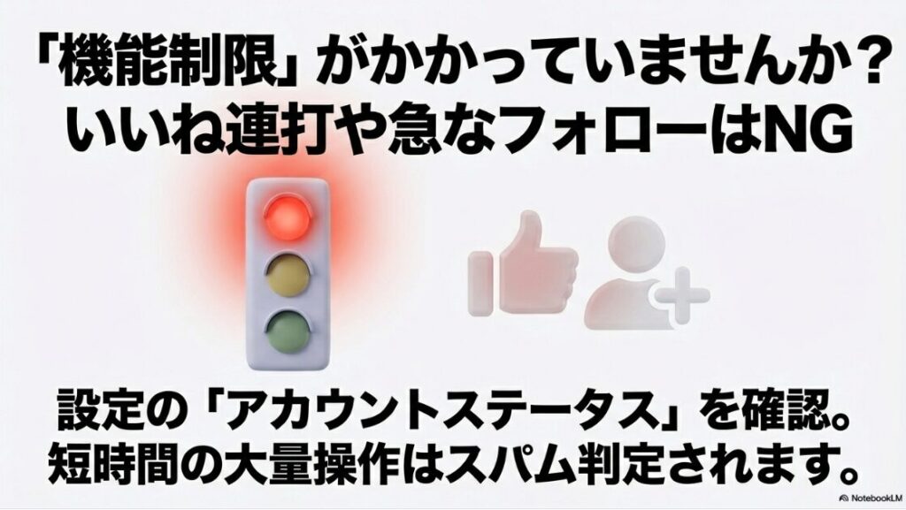 インスタライブの配信ができない？制限はなぜ：いいね連打や急なフォローなどの短時間の大量操作はスパム判定され、機能制限がかかる可能性があることを解説する画像。