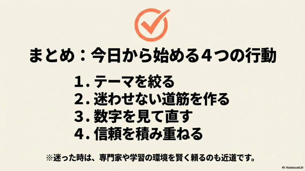インスタで稼ぐ!収益化をアフィリエイトで:オレンジ色のチェックマークが描かれた、今日から始める4つの行動のまとめスライド 。テーマを絞る、迷わせない道筋を作る、数字を見て直す、信頼を積み重ねるというステップと、専門家や学習環境を賢く頼る近道についてまとめられています 。